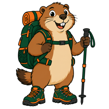 Maskottchen von Hiking Ausrüstung, ein Murmeltier mit Rucksack